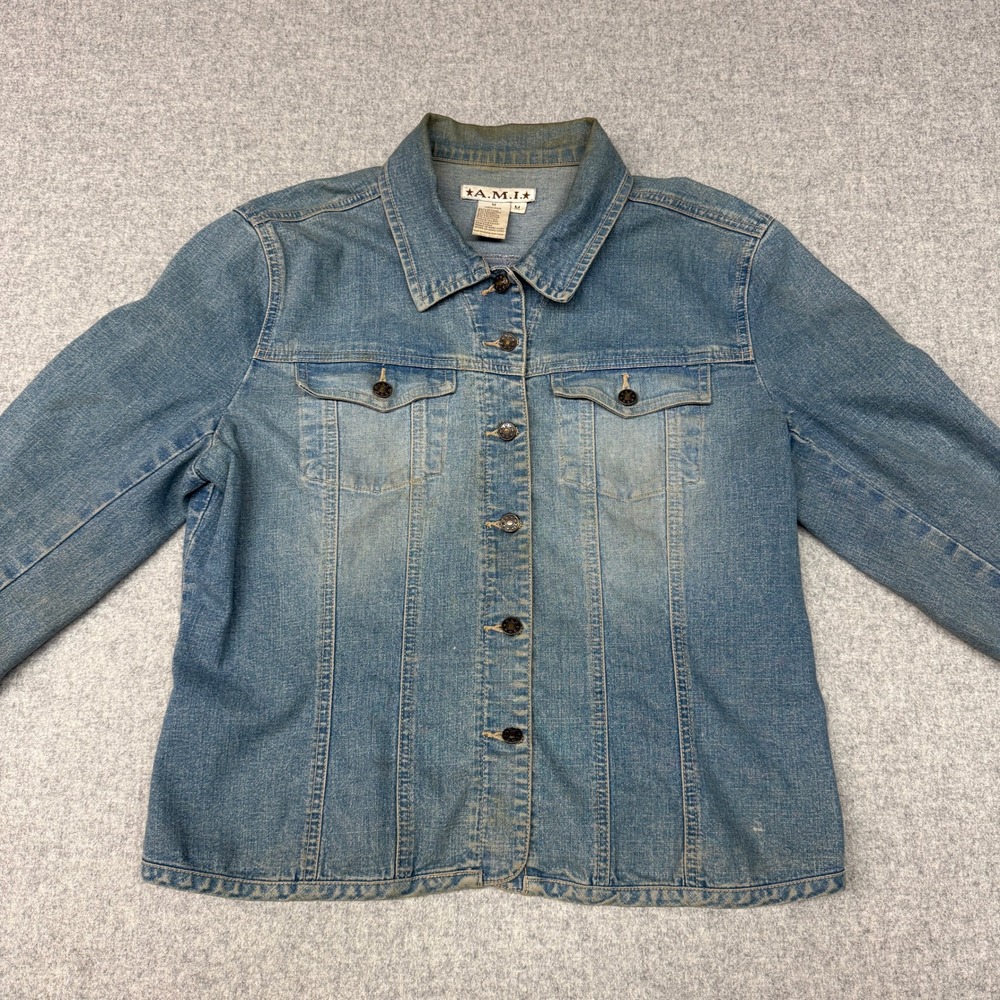 A.M.I. Denim Jacket Size M Medium Blue Stretch Cotton Blend Button Front Trucker
